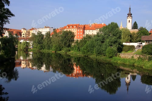 Preview: The Colorful Medieval Town Pisek In Czech Republic With Gothic Deanery Church Above The River Otava