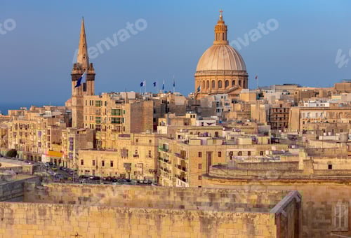 Preview: The Basilica Of Our Lady And Bell Tower In The Historical Part Of Valletta At Sunset. Malta.