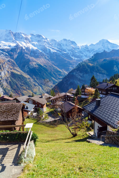 Preview: Traditional Chalets Of Murren Village And Jungfrau Montain At Autumn, Berner Oberland, Switzerland