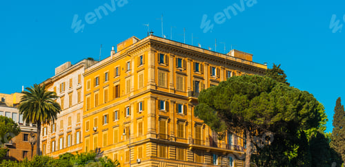 Preview: Panoramic View Of Old Yellow High Rise Apartment Buildings In City