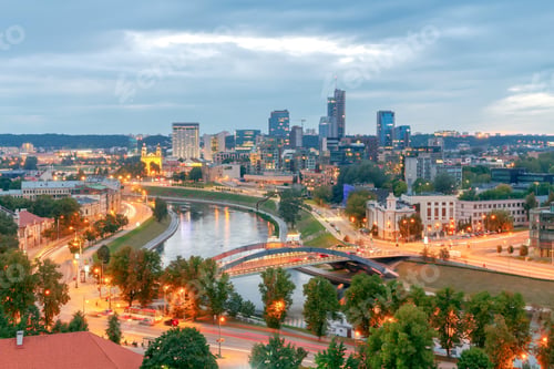 Preview: Scenic View From The Top Of Gediminas Hill To The Center Of Vilnius And Neris River At Night.