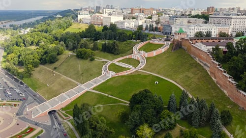 Preview: Nizhny Novgorod, Russia. Aerial View Of The Nizhny Novgorod Kremlin. Chkalovskaya Stairs, Aerial