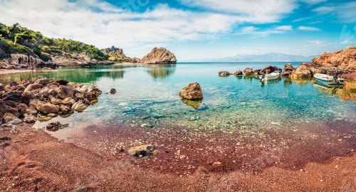 Preview: Bright Summer Panorama Of Sterna Beach, Popular Tourist Attraction, Northeastern Corinthia, Greece