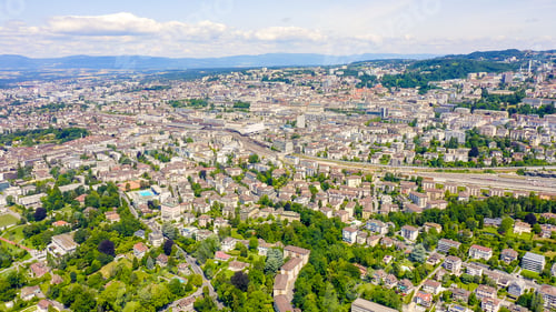 Preview: Lausanne, Switzerland. Flight Over The Central Part Of The City. The Coast Of Lake Geneva, Aerial