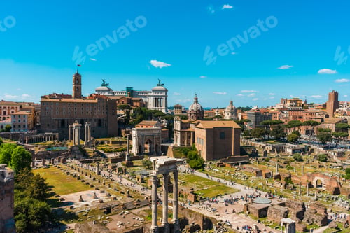 Preview: Aerial View Of The Ancient Roman Forum, Rome, Italy, A Popular Tourist Attraction, On A Sunny Blue