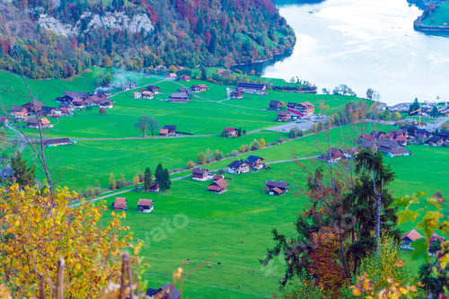 Preview: Valley Of Lake Lungern Or Lungerersee With Traditional Alps Chalets In Obwalden, Switzerland