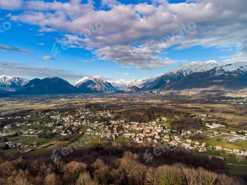 Preview: Panoramic From Above On The Ancient Village Of San Lorenzo Di Buja And On The Snow-Capped Mountains.