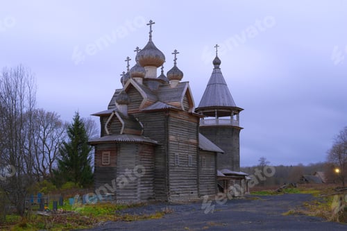 Preview: Ancient Wooden Church Of Dmitry Solunsky Myrrh-Pouring In The November Cloudy Evening. Village Of