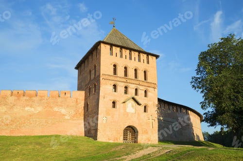 Preview: The Vladimir Tower In The Rays Of The Rising Sun. The Kremlin Of Veliky Novgorod, Russia