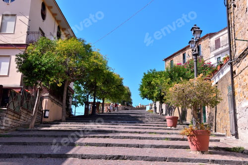 Preview: Pedestrian Avenue With The Grand Staircase Leading To The Ancient Village At The End Agropoli Italy