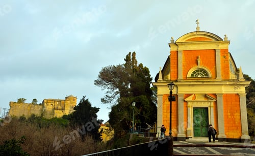 Preview: The Church Of San Giorgio In Portofino In Baroque Style On The Left The Brown Castle