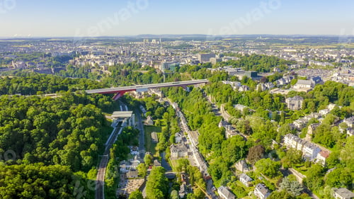 Preview: Luxembourg, Historical City Center In The Morning. Pont Rouge, Aerial View