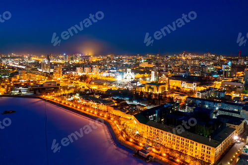 Preview: Yekaterinburg, Russia. Temple On The Blood. Night City In The Early Spring. Aerial View