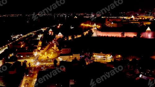 Preview: Nizhny Novgorod, Russia. Aerial View Of The Kremlin Walls Of Nizhny Novgorod. Night Time, Aerial