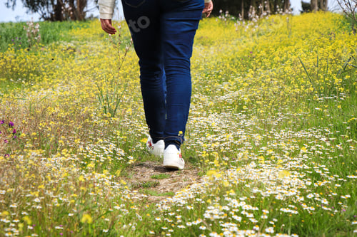 Preview: Young Women Walking Alone Field In Spring . Country Side Landscape In Portugal