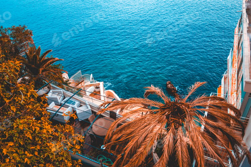 Preview: Beautiful Holiday Balcony With Palms And Sea In The Front