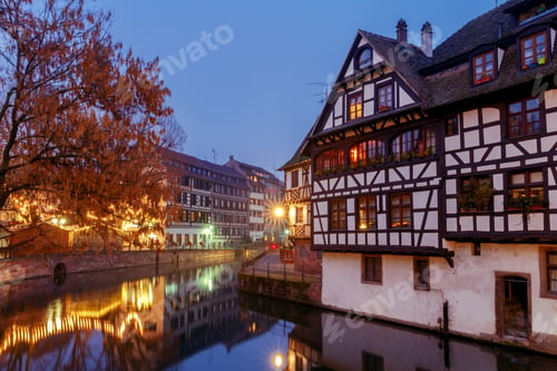 Preview: Half-Timbered House On The Canal At Night In Strasbourg. Alsace.