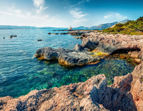 Preview: Picturesque Spring View Of Saint Theodore Lantern. Bright Morning Landscape Of Argostoli Vilagito