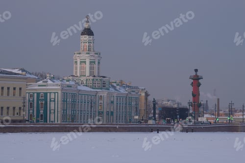 Preview: Kunstkammer And South Rostral Column In The February Twilight. Saint-Petersburg, Russia