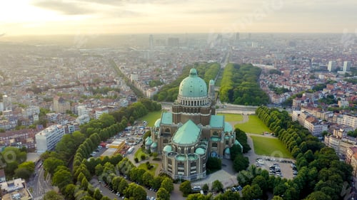 Preview: Brussels, Belgium. National Basilica Of The Sacred Heart. Early Morning, Aerial View