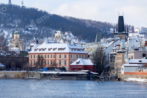 Preview: Snowy Prague Lesser Town Above River Vltava In The Sunny Day , Czech Republic