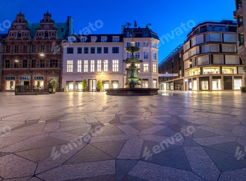 Preview: Square Amagertorv Stork Fountain In Night Lighting At Sunrise. Copenhagen. Denmark.