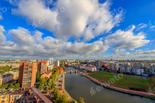 Preview: Cloudy Weather In Kaliningrad. River Pregolya, Embankment Of The Fish Village And The Jubilee