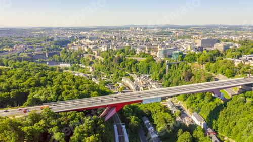 Preview: Luxembourg, Historical City Center In The Morning. Pont Rouge, Aerial View