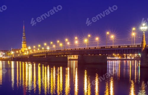 Preview: View Of The River Daugava, The Bridge And The Historic Center Of Riga At Night.