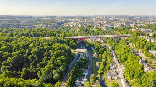 Preview: Luxembourg, Historical City Center In The Morning. Pont Rouge, Aerial View