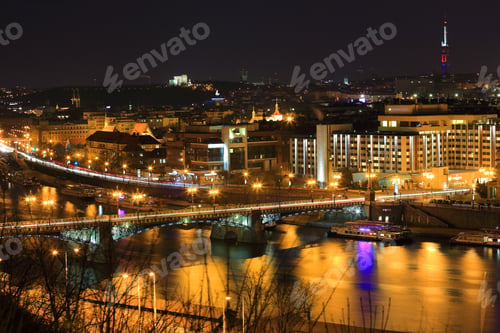 Preview: Winter Night Prague City Above River Vltava, Czech Republic