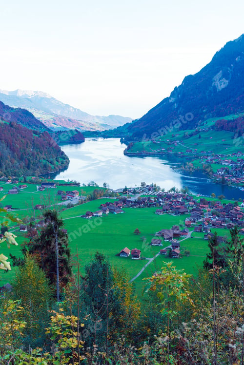 Preview: Valley Of Lake Lungern Or Lungerersee With Traditional Alps Chalets In Obwalden, Switzerland