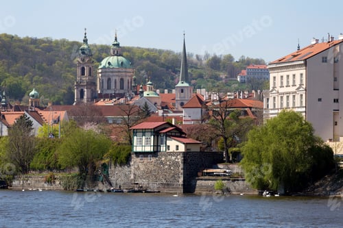 Preview: Spring Green Prague Baroque St. Nicholas' Cathedral With The Lesser Town Above River Vltava In The