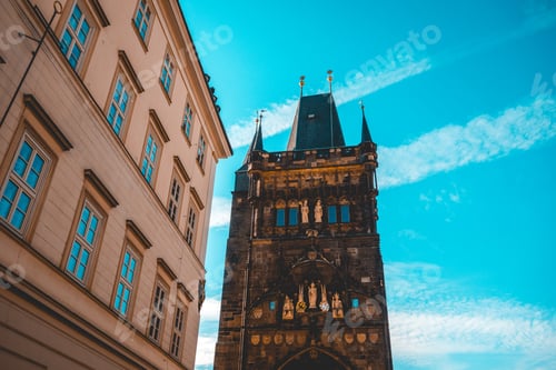 Preview: Clock Tower Of The Old Town Hall, Prague Viewed From Below Looking Up Against A Blue Sky