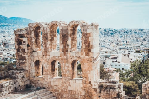 Preview: View Of Modern City From Arched Windows Of Ancient Greek Stone Block Ruins With Staircase
