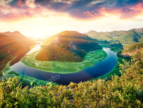 Preview: Aerial View Of Canyon Of Rijeka Crnojevica River, Skadar Lake Location. Dramatic Summer Sunrise Of