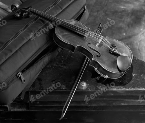 Preview: Vintage Cello On Wooden Background. Black And White Photo