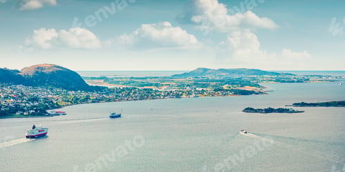 Preview: From The Bird'S Eye View Of Alesund Bay, Geirangerfjord, Norway. Nice Summer Panorama Of The Nord