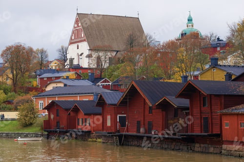 Preview: Medieval Lutheran Cathedral And Ancient Barns In Old Porvoo On A Cloudy October Day. Finland