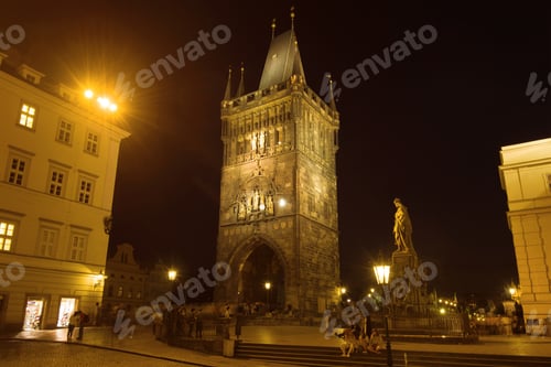 Preview: East Bridge Tower Of The Charles Bridge In The Night Landscape. Prague