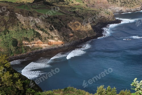 Preview: Surf Spot In The Azores Islands. Ocean View Surrounded By Cliffs