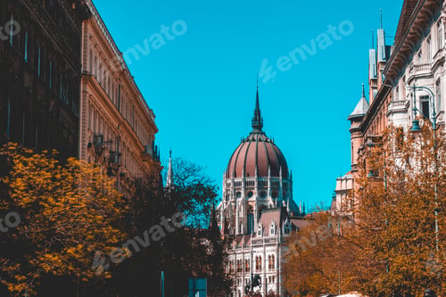 Preview: St. Stephen'S Basilica Framed By Apartment Houses In A Street At Budapest
