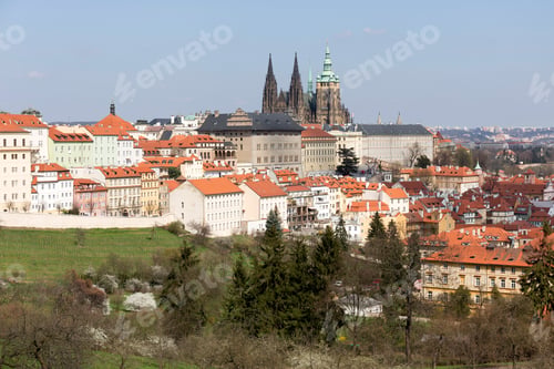 Preview: Spring Prague City With Gothic Castle And The Green Nature And Flowering Trees, Czech Republic