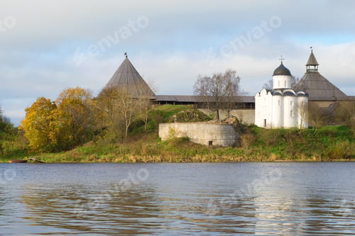 Preview: Church Of St. George In Staraya Ladoga Fortress Cloudy September Day. Russia