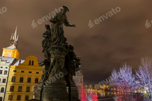 Preview: Night Snowy Prague Old Town From Charles Bridge, Czech Republic