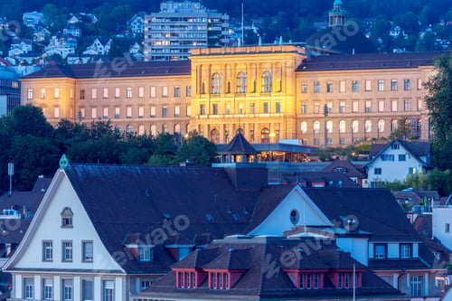 Preview: View Of The Facade Of A State University In Night Illumination. Zurich. Switzerland.
