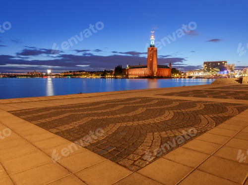 Preview: City Hall On The Waterfront In The Night Lighting. Stockholm. Sweden.