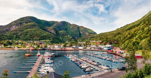 Preview: Splendid Summer View Of Jondal Village, Hordaland County, Norway. Picturesque Morning Scene Of