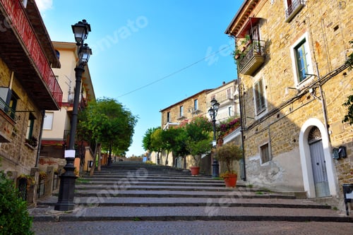 Preview: Pedestrian Avenue With The Grand Staircase Leading To The Ancient Village At The End Agropoli Italy