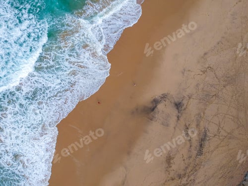 Preview: Sand Beach Aerial, Top View Of A Beautiful Sandy Beach Aerial Shot With The Blue Waves Rolling Into
